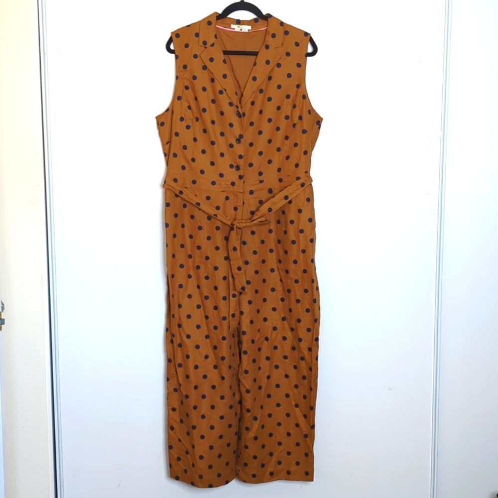 Boden Evie Collar Linen Polka Dot Jumpsuit Brown Navy 16 18 - Picture 2 of 13